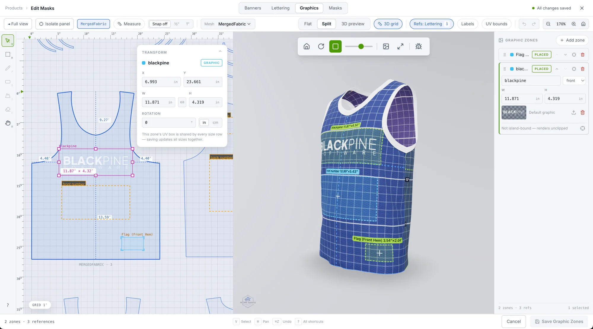 The StitchFrame mask editor showing a jersey's flat cut pattern with measured decoration zones on the left and a live 3D preview of the finished jersey on the right