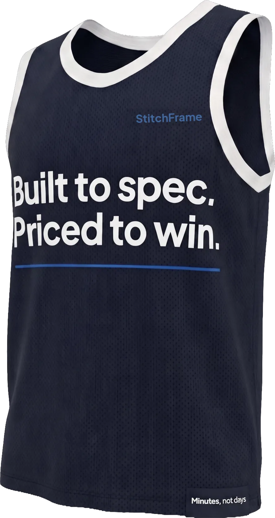 A navy team jersey configured in StitchFrame, printed with the words Built to spec, Priced to win